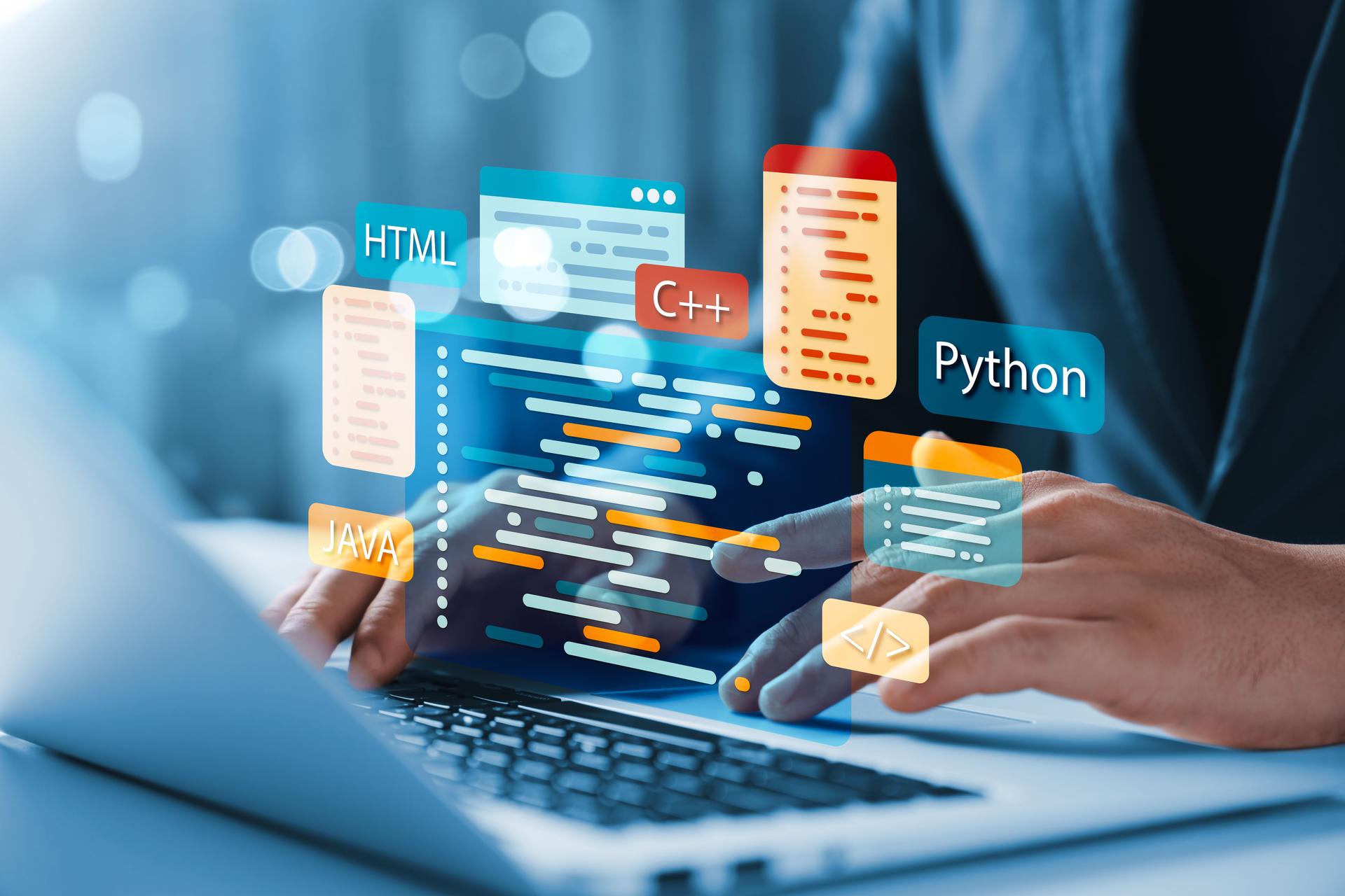 Software development concepts and programming for various devices, Software Engineer Computer programmer, coding process, chart, testing platform Data analytics, online safety.